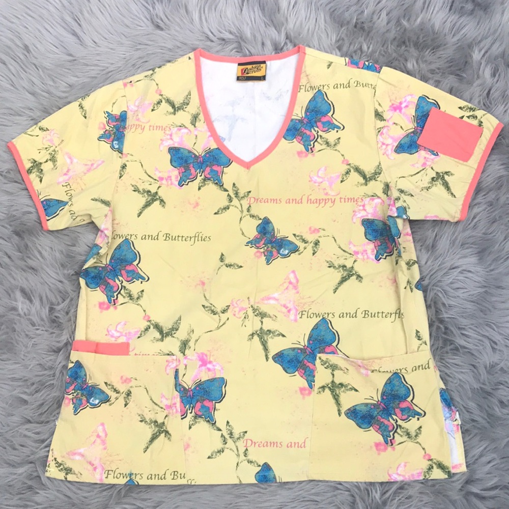 Fashion Scrubs-Large- yellow w butterflies